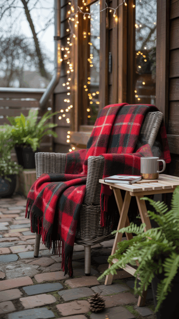A cozy outdoor setup featuring a wicker chair draped with a red and black checkered blanket. The chair is placed on a brick patio next to a wooden side table with a steaming cup and a book. String lights are hung on the wall behind, and potted ferns are nearby.