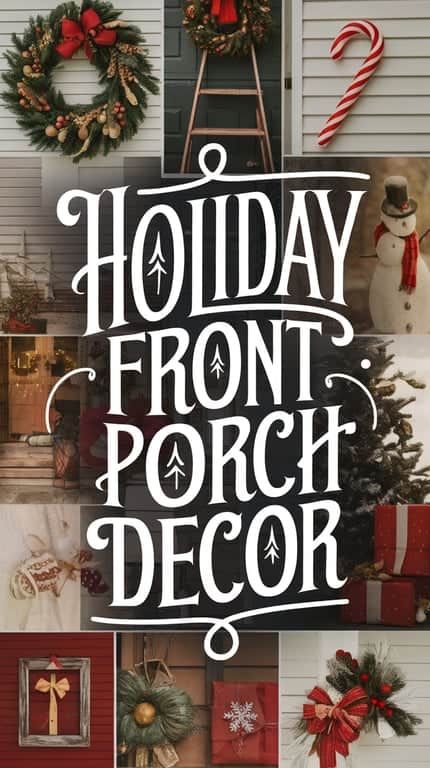 Collage of holiday front porch decor ideas featuring wreaths, a candy cane, snowman, wrapped gifts, and "Holiday Front Porch Decor" text in the center.