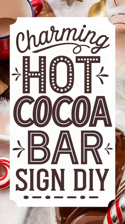 A decorative sign with the text 'Charming Hot Cocoa Bar Sign DIY' in a festive font, set against a cozy background featuring cocoa, candy canes, and holiday-themed items.