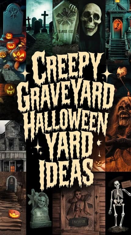A collage of spooky Halloween decorations featuring a graveyard theme, including tombstones, skeletons, carved pumpkins, and a haunted house. The text in the center reads "Creepy Graveyard Halloween Yard Ideas."