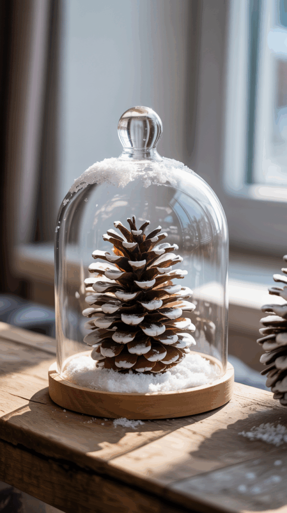 A pine cone with snow-tipped edges is encased in a glass cloche on a wooden surface with sunlight streaming in from a nearby window.