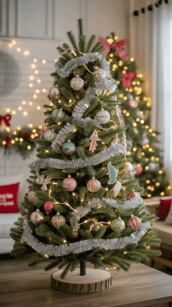 A Christmas tree decorated with colorful baubles, silver tinsel, and small festive ornaments, standing on a wooden slab base with twinkling lights in a cozy, holiday-themed room.