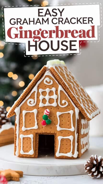 A small gingerbread house made from graham crackers, decorated with white icing and candy, sits on a table with blurred Christmas lights in the background.