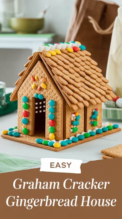 A gingerbread house made of graham crackers decorated with colorful candies, labeled as "Easy Graham Cracker Gingerbread House."