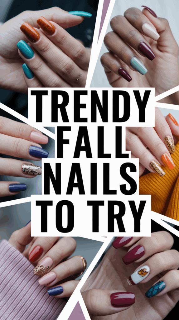 Collage of various trendy fall nail designs with vibrant colors and patterns, featuring a central text overlay that reads 'Trendy Fall Nails to Try.'