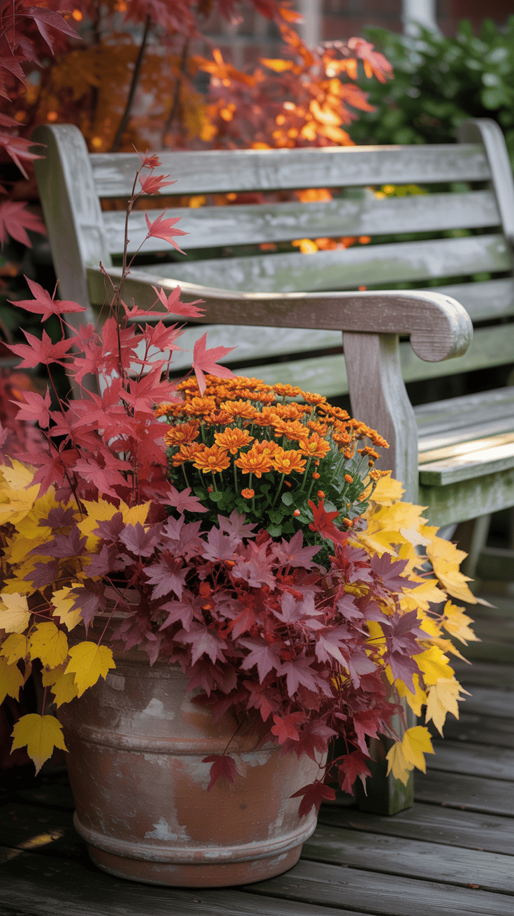 A wooden bench beside a clay pot filled with colorful autumn leaves and orange chrysanthemums, set on a wooden deck with vibrant fall foliage in the background.