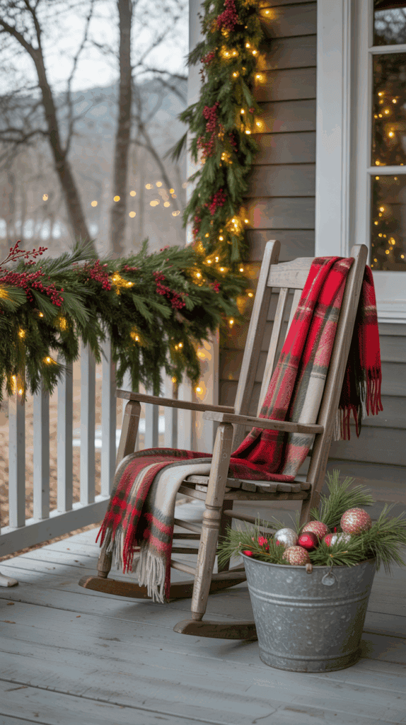 A wooden rocking chair with a red and green plaid blanket draped over it sits on a porch decorated for Christmas. The porch features garlands with lights and red berries along the railing, and a metal bucket filled with pine branches and colorful ornaments is placed nearby.