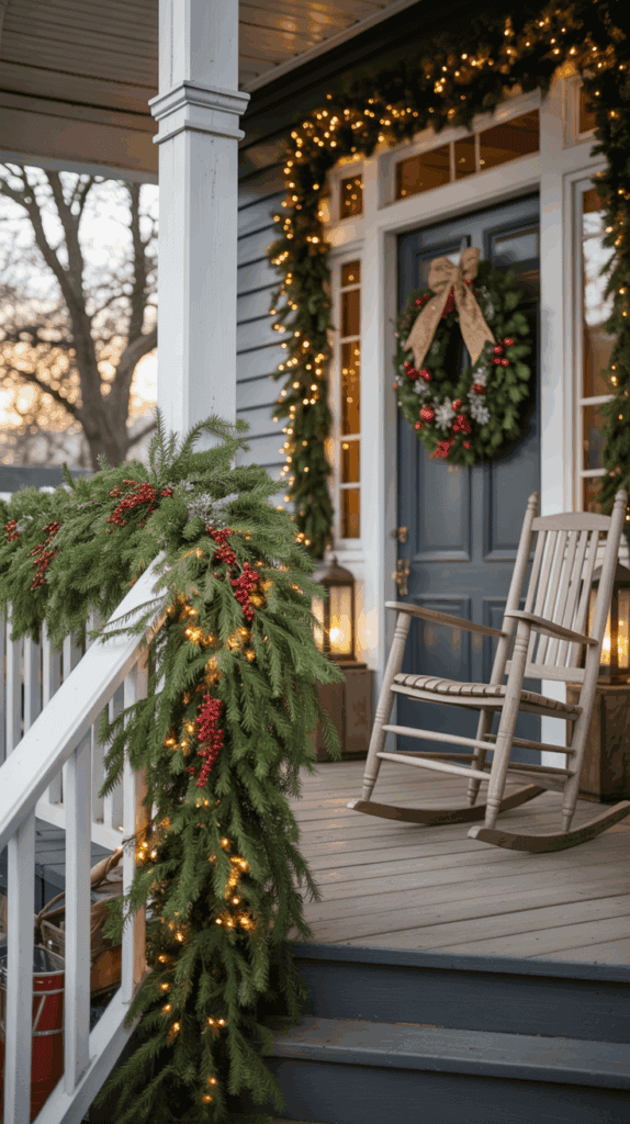 A cozy porch decorated for the holidays, featuring a wooden rocking chair, a festive wreath on the door, and garlands with red berries and string lights draping the railing.