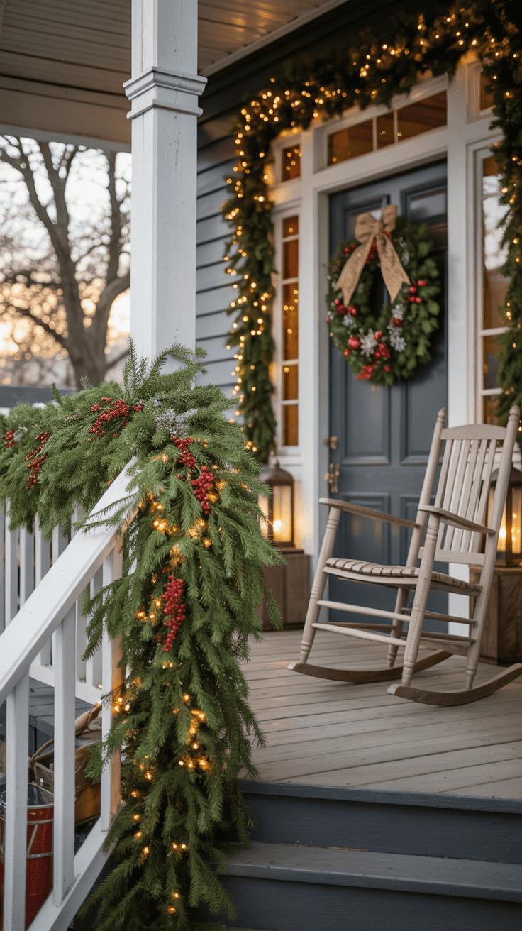 A cozy porch decorated for the holidays, featuring a wooden rocking chair, a festive wreath on the door, and garlands with red berries and string lights draping the railing.