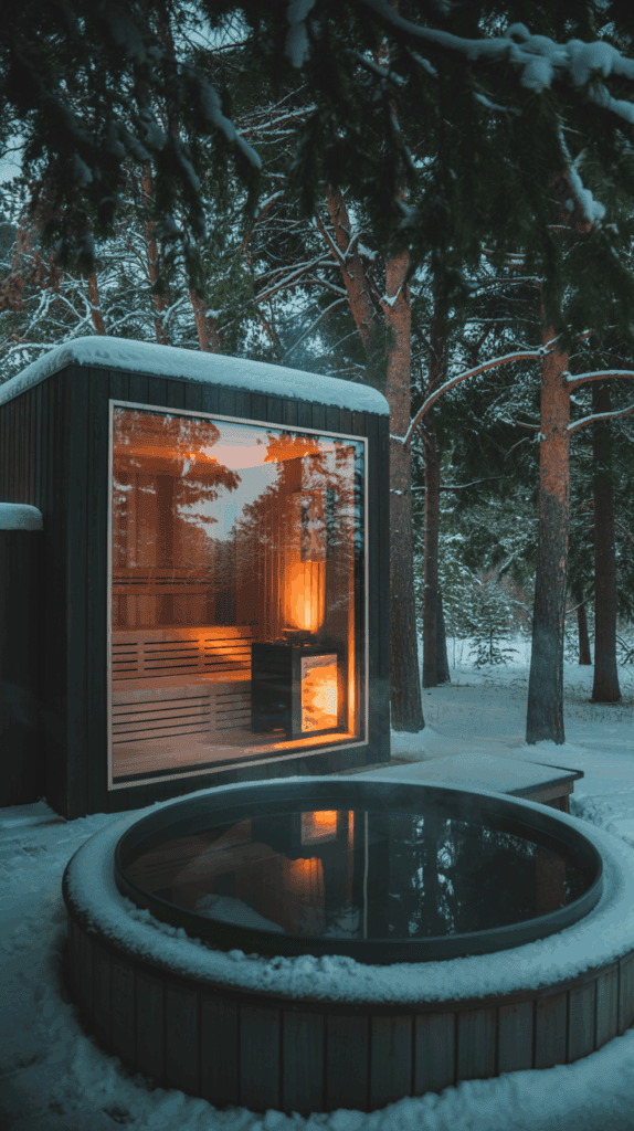 A cozy sauna with a large window is warmly lit, surrounded by a snowy forest landscape. In front of the sauna, there is a round, steaming hot tub with a layer of snow on its edges, creating a serene winter retreat atmosphere.