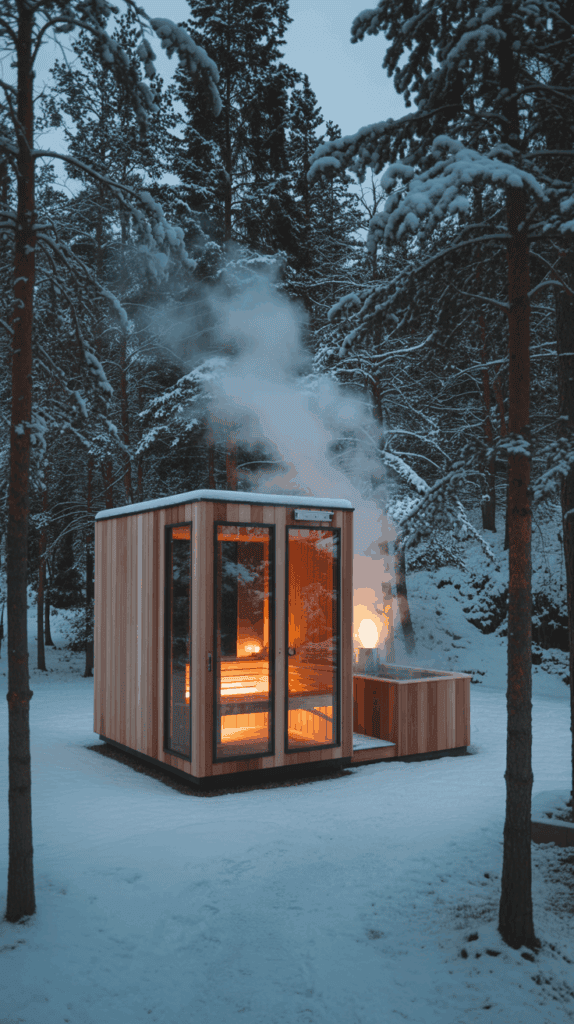 A small wooden sauna cabin emitting steam, surrounded by snow-covered trees in a winter forest setting.