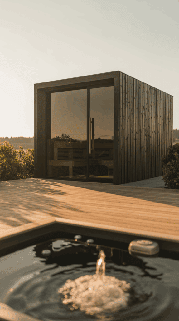 A modern wooden sauna with a glass door stands on a deck, with a small round hot tub in the foreground, set against a backdrop of greenery and a clear sky at sunset.