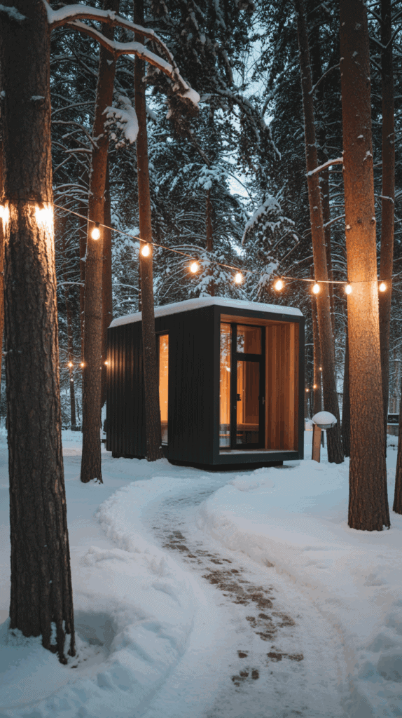 A small, modern black cabin with large windows is nestled among snow-covered trees, with string lights illuminating the pathway leading to it.