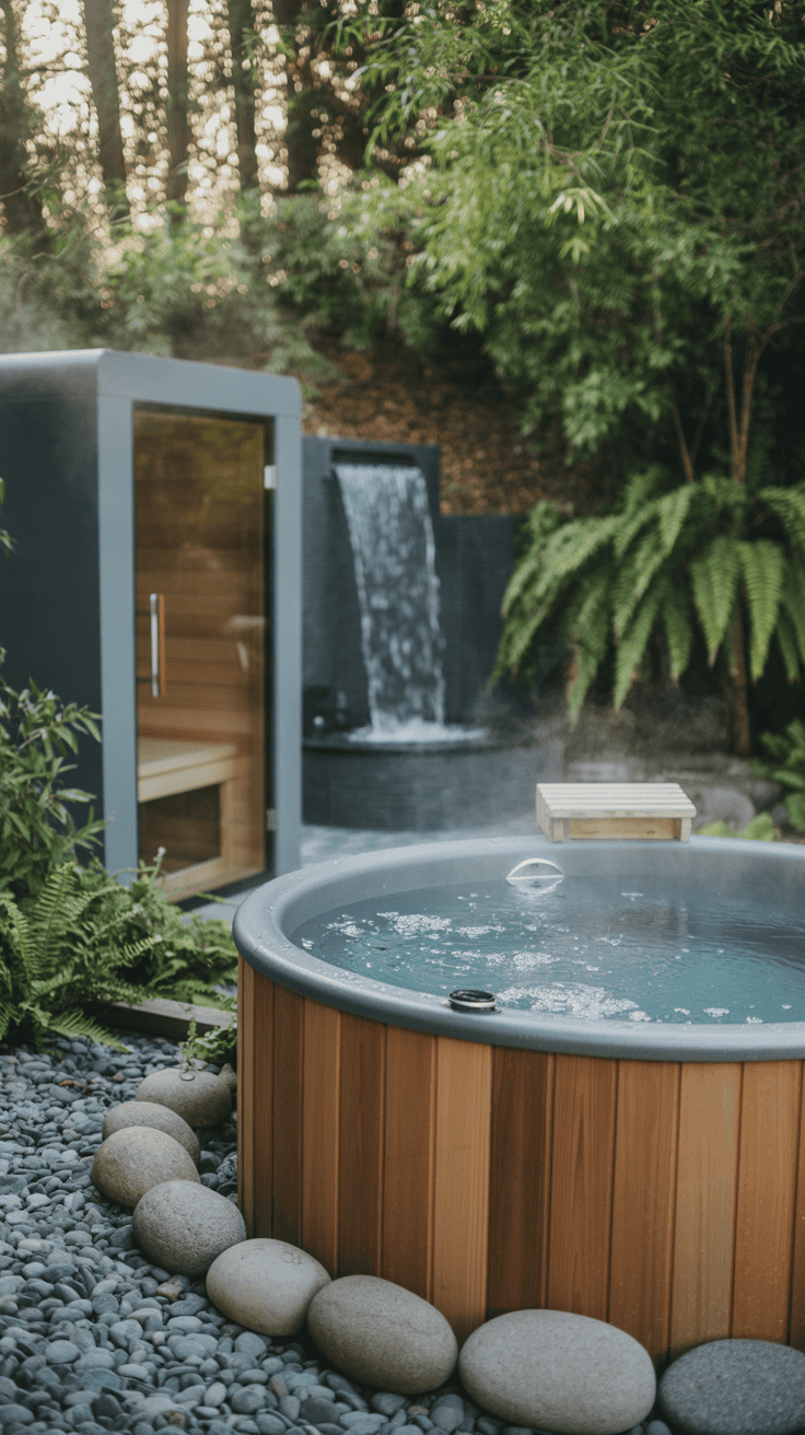 A serene outdoor spa setup featuring a round wooden hot tub with steaming water, surrounded by smooth stones and lush greenery. Nearby, a contemporary sauna with a glass door is visible, and a small waterfall adds to the tranquil ambiance.