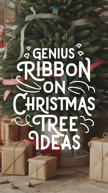 A Christmas tree decorated with colorful ribbons and surrounded by wrapped gifts, featuring text that reads 'Genius Ribbon on Christmas Tree Ideas.'