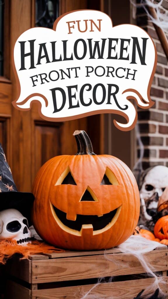 A Halloween-themed front porch decoration featuring a carved pumpkin with a classic jack-o'-lantern face, surrounded by fake cobwebs, a skull, and other Halloween items. Above the decorations is a sign that reads 'Fun Halloween Front Porch Decor.'