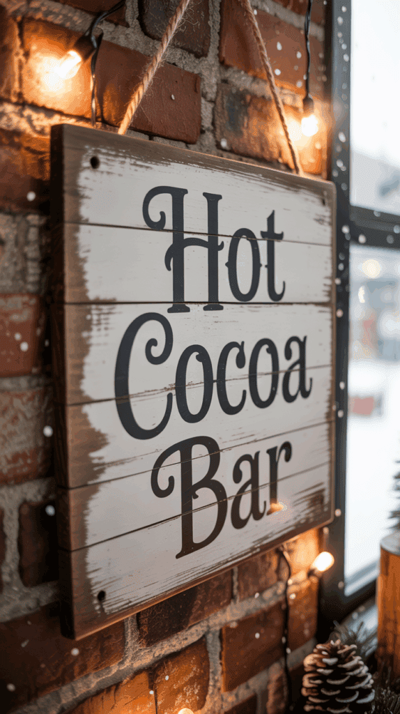 A wooden sign reading 'Hot Cocoa Bar' hangs on a brick wall, illuminated by nearby string lights, with a cozy, wintry ambiance.