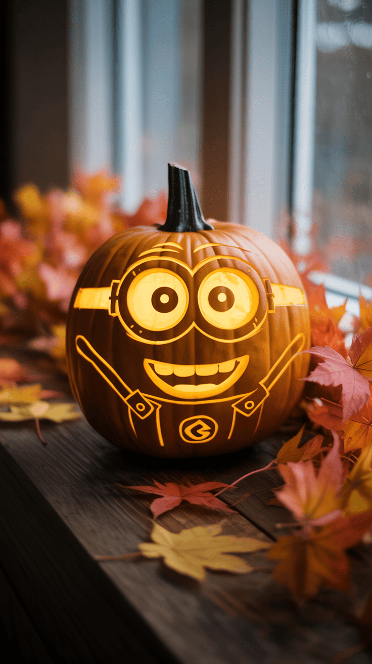 A pumpkin with a detailed carving of a cartoon character featuring large round eyes, a big smile, and hands raised, lit from within against a backdrop of autumn leaves on a window ledge.