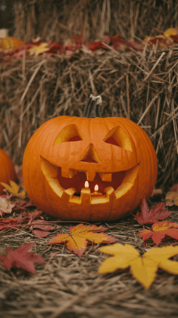 A carved Halloween pumpkin with a glowing candle inside, decorated with a toothy smile and triangular eyes, surrounded by autumn leaves and placed in front of a stack of hay.