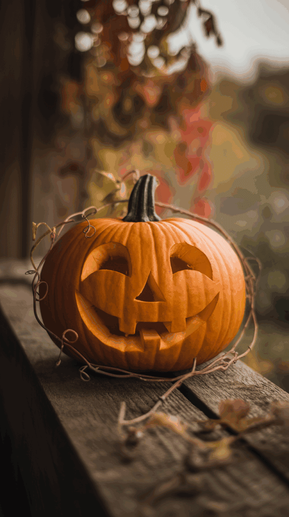 A carved pumpkin with a smiling face on a wooden ledge, surrounded by autumn leaves and tendrils, with a blurred background of colorful foliage.