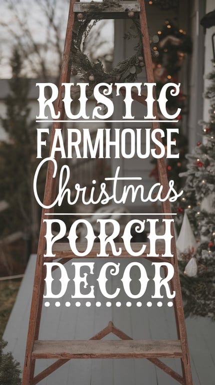 An old wooden ladder with a wreath leaning against a porch, decorated with Christmas trees and ornaments, overlaid with the text 'Rustic Farmhouse Christmas Porch Decor.'