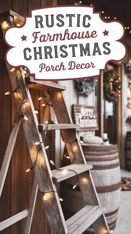 A rustic Christmas porch scene with a wooden ladder wrapped in string lights, next to a wine barrel and a 'Merry Christmas' sign in the background, featuring a sign reading 'Rustic Farmhouse Christmas Porch Decor.'