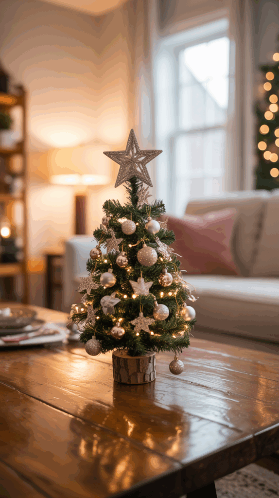 A small, decorated Christmas tree with a star topper and gold and silver ornaments sits on a wooden table in a cozy living room.