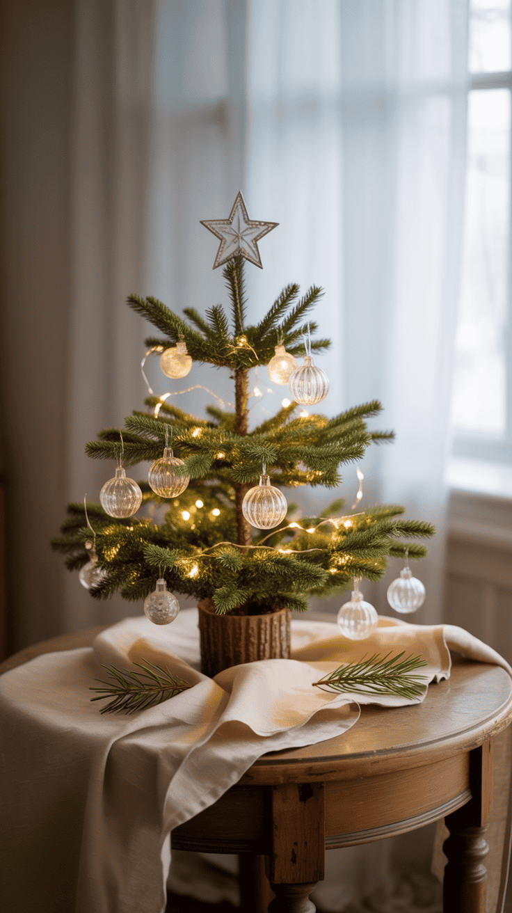 A small, decorated Christmas tree with a star on top, adorned with clear baubles and string lights, placed on a round wooden table covered with a white cloth, in a softly lit room with a window in the background.