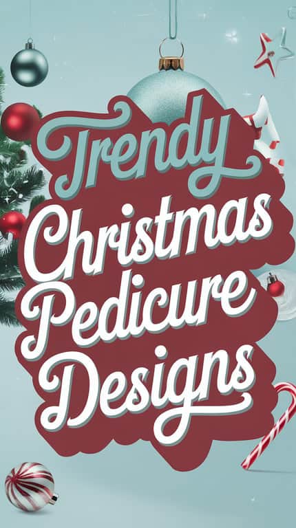 Text reading 'Trendy Christmas Pedicure Designs' with festive decorations like ornaments and candy canes on a light blue background.
