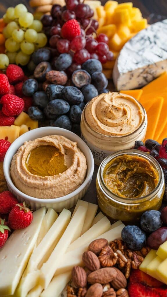 A colorful charcuterie board featuring an assortment of cheeses, fresh fruits like grapes and berries, various nuts, and jars of spreads. The board includes sliced white and cheddar cheeses, a wedge of blue cheese, and dips with smooth textures. Fresh strawberries, blueberries, and raspberries are scattered around, with clusters of green and red grapes adding to the vibrant display.