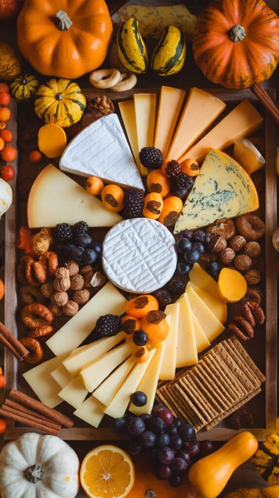 An autumn-themed charcuterie board featuring various cheeses, nuts, fruits, and crackers, surrounded by small decorative pumpkins and gourds.