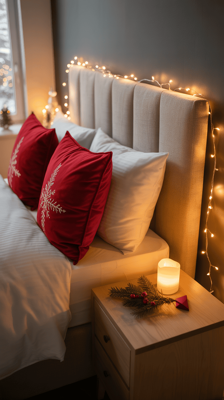 A cozy bedroom setup featuring a bed with red pillows embossed with white snowflake designs, adorned with warm string lights along the headboard. A wooden nightstand beside the bed holds a lit candle and a sprig of evergreen with red berries. A window shows a snowy scene outside.
