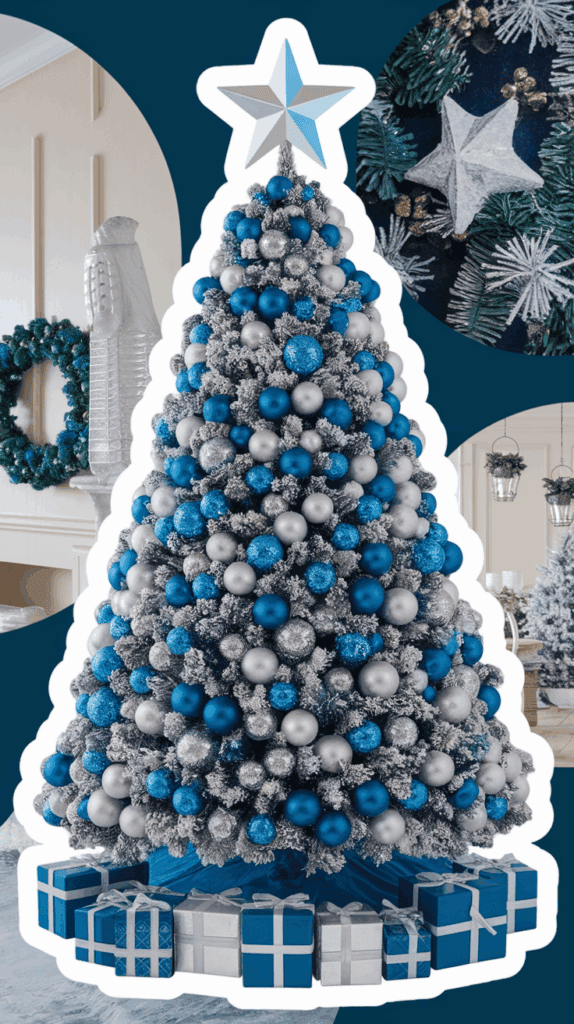 A Christmas tree decorated with blue and silver baubles, topped with a blue and silver star, surrounded by blue and silver wrapped presents at the base.