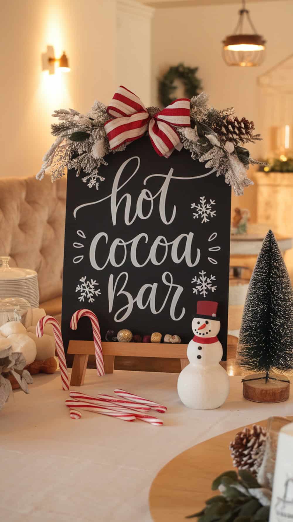A festive "hot cocoa bar" sign decorated with pine branches, a red and white striped bow, surrounded by snowflakes and accompanied by candy canes, a small snowman figure, and a bottle brush tree on a table.