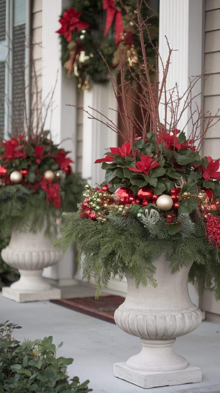 Outdoor holiday decorations featuring large stone urns filled with evergreen branches, red poinsettias, and red and gold ornaments, placed on a porch with a wreath in the background.