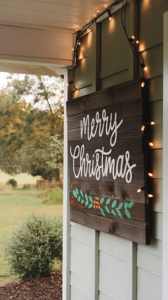 A wooden sign reading "Merry Christmas" is decorated with leaves and berries, hanging on a wall adorned with string lights.