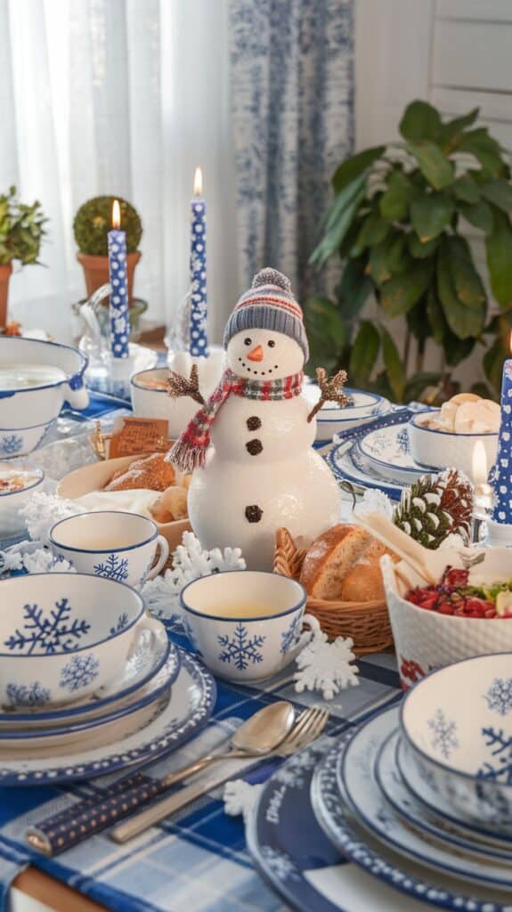 A festive holiday table setting with a snowman centerpiece, blue and white snowflake-patterned dishes, and blue candles.