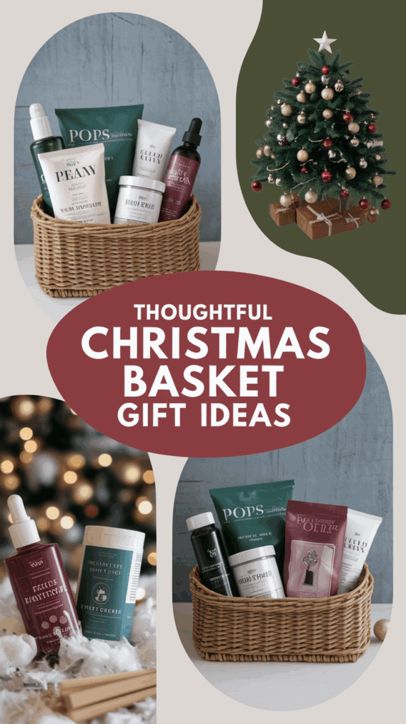 Collage of Christmas-themed images featuring a wicker basket with skincare and beauty products, a decorated Christmas tree with presents, and the text 'Thoughtful Christmas Basket Gift Ideas' in a maroon circle.