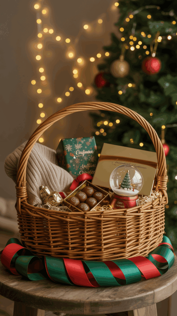 A festive wicker basket filled with Christmas items, including a cozy beige scarf, assorted chocolates, a snow globe, and a decorative tin, set on a wooden table with a red and green ribbon, with a Christmas tree and twinkling lights in the background.