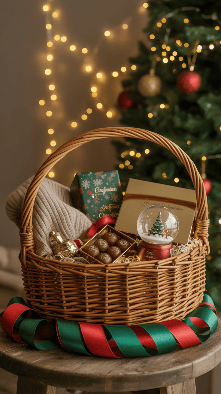 A festive wicker basket filled with Christmas items, including a cozy beige scarf, assorted chocolates, a snow globe, and a decorative tin, set on a wooden table with a red and green ribbon, with a Christmas tree and twinkling lights in the background.