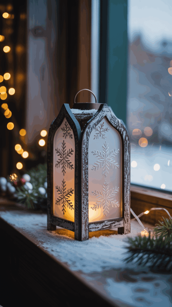 A decorative lantern with snowflake patterns stands on a snowy windowsill, surrounded by pine branches and warm string lights, creating a cozy winter ambiance.