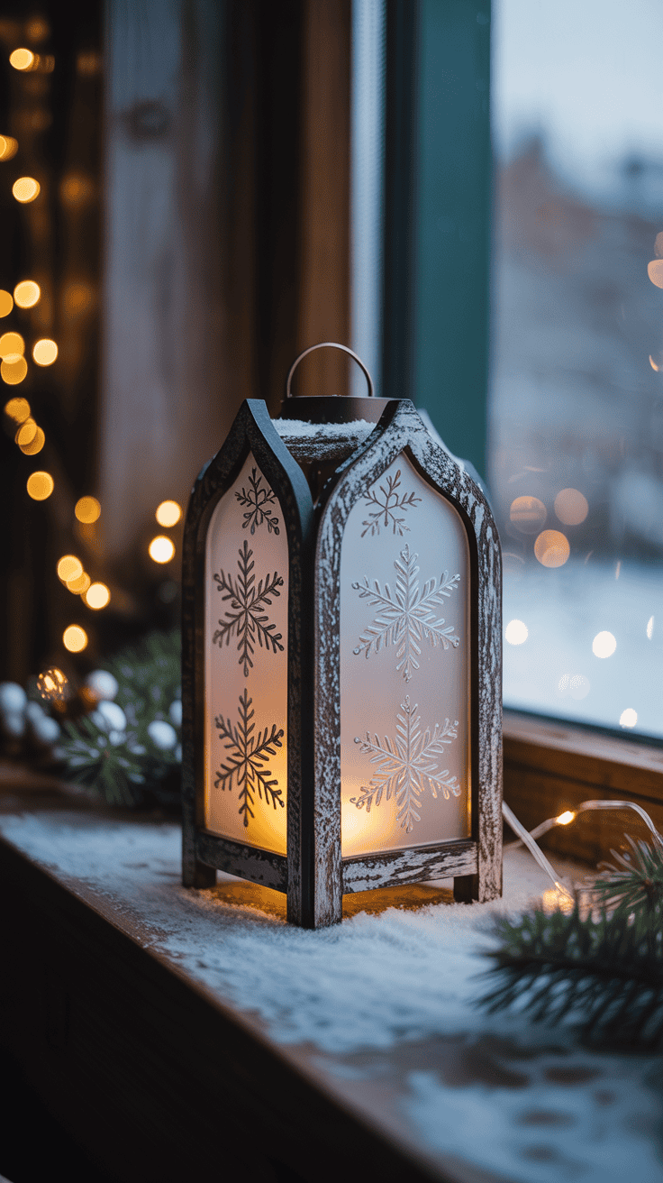 A decorative lantern with snowflake patterns stands on a snowy windowsill, surrounded by pine branches and warm string lights, creating a cozy winter ambiance.