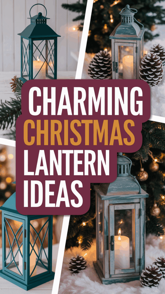 Collage of Christmas lantern decorations with pinecones and holiday decor, featuring text overlay 'Charming Christmas Lantern Ideas.'