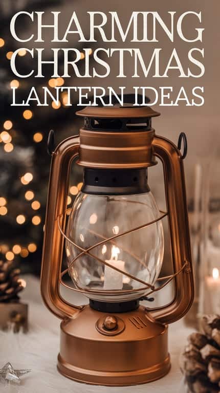 A vintage-style bronze lantern with a glowing candle inside, set in front of a blurred background featuring Christmas lights, with the text "Charming Christmas Lantern Ideas" written above.