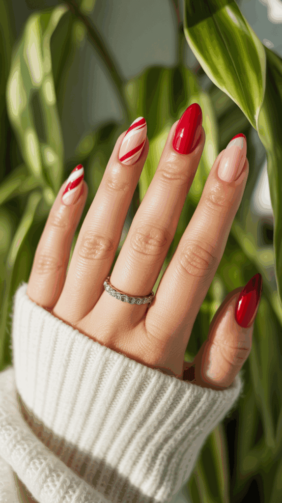 Close-up of a hand with manicured nails featuring a festive red and white design, wearing a ring with small gems, set against a background of green leaves.