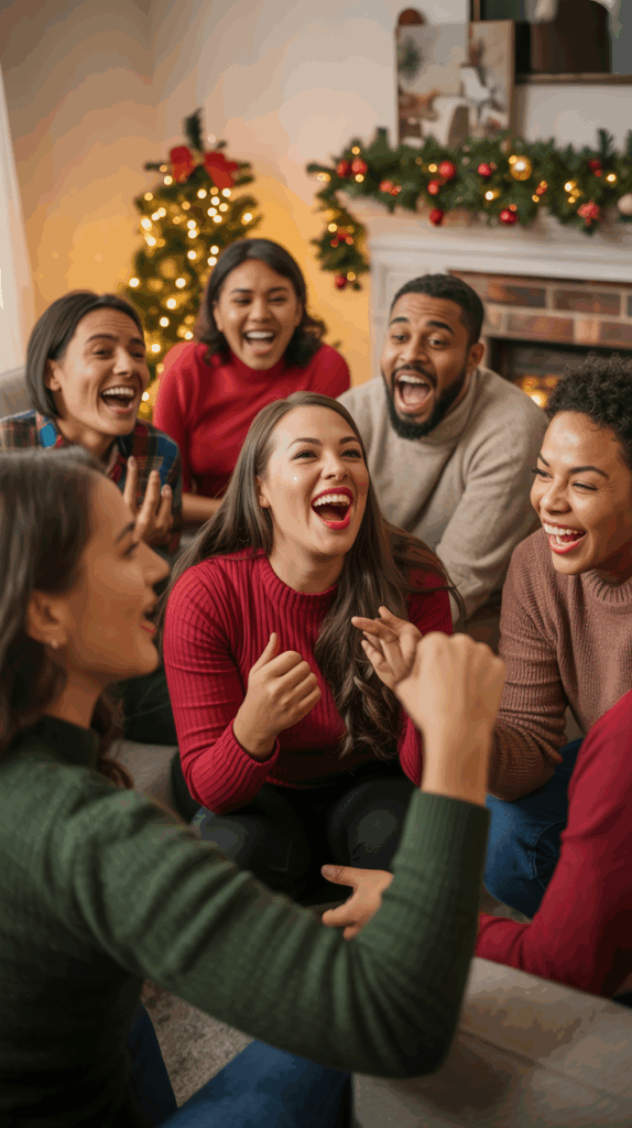 A group of six people in festive sweaters laughing and enjoying a lively conversation in a cozy living room decorated for Christmas, with a lit Christmas tree and garlands visible in the background.