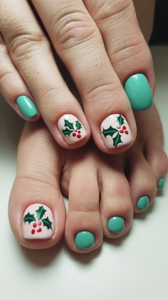 Close-up of a person's manicured hands and pedicured feet with a creative nail design. The fingernails and toenails are painted in bright teal, except for two fingernails and one toenail which have a white base with green holly leaves and red berries design.