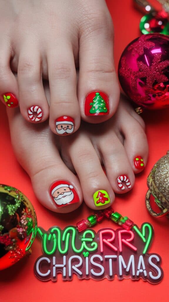 Feet with festive Christmas-themed nail art featuring designs like Santa, candy canes, and Christmas trees, surrounded by colorful ornaments and a 'Merry Christmas' sign.