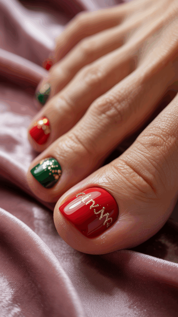 Close-up of toenails painted with red and green nail polish, featuring festive gold decorations and lettering, set against a soft, silky fabric background.