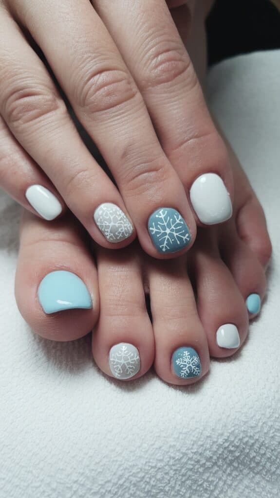 Close-up of carefully manicured toes with alternating white and light blue nail polish, featuring intricate snowflake designs on some nails.